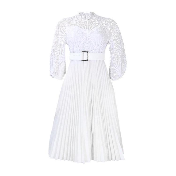 2024 European American Style Women Sexy Lace Pleated Hollow Dress