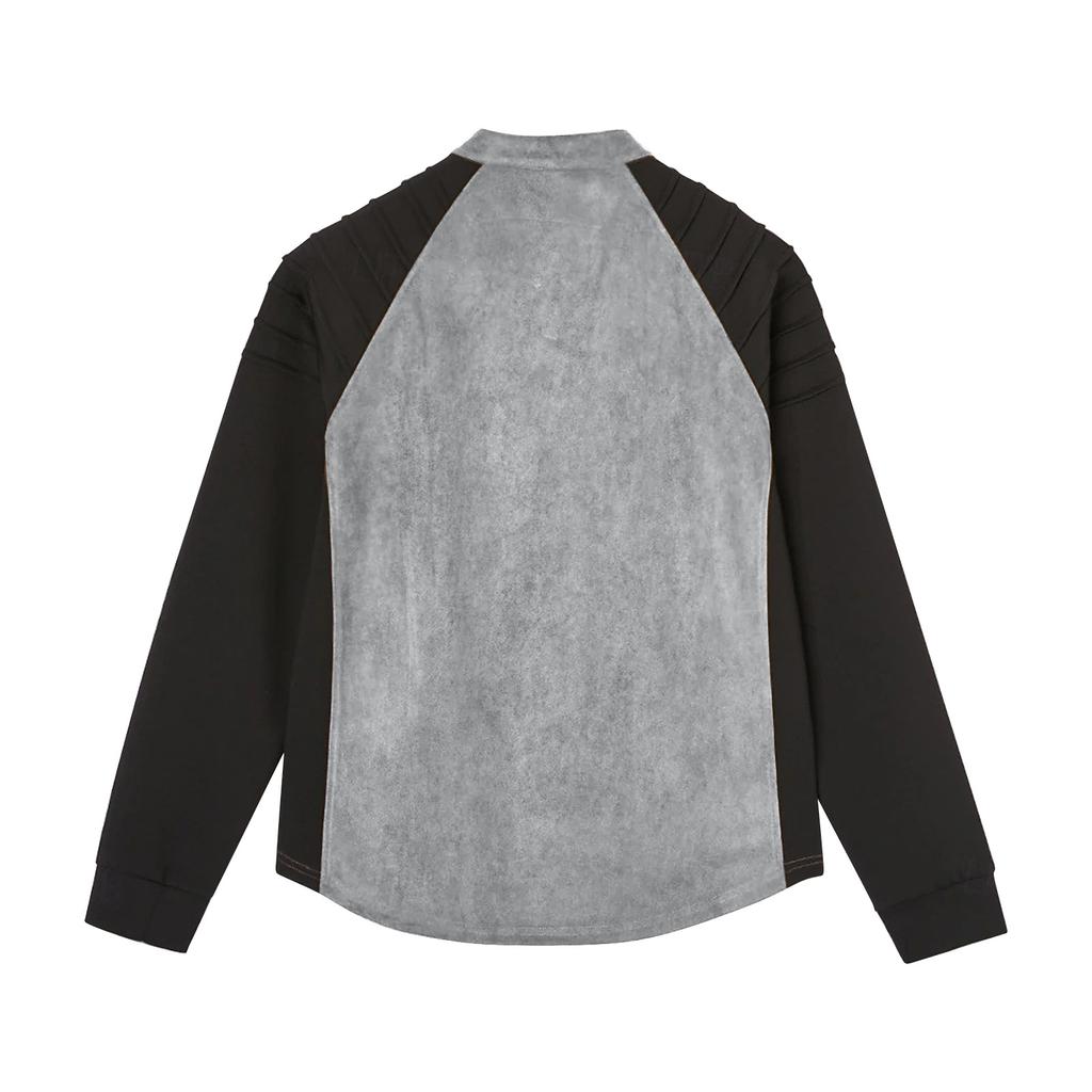 Męska koszulka z długim rękawem z zamszowymi wstawkami patchworkowymi i ściągaczem przy szyi, sportowa koszulka z długim rękawem plus size