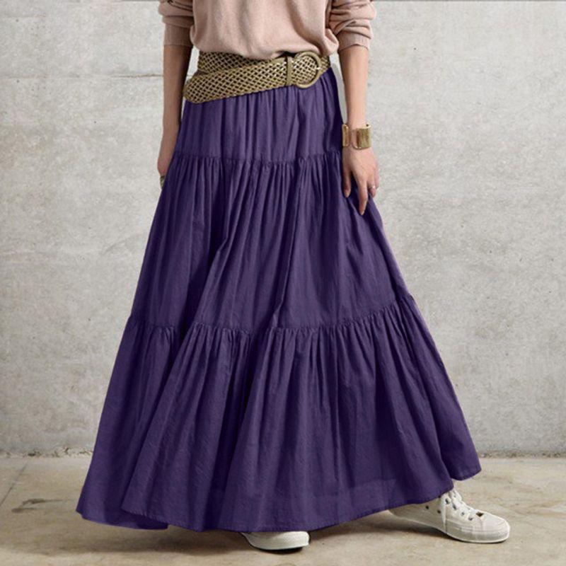 

Solid Pleated Loose Hem Skirt S-5XL Pure Color Ruched Loose Long Swing Skirt Purple (no belt) 4XL