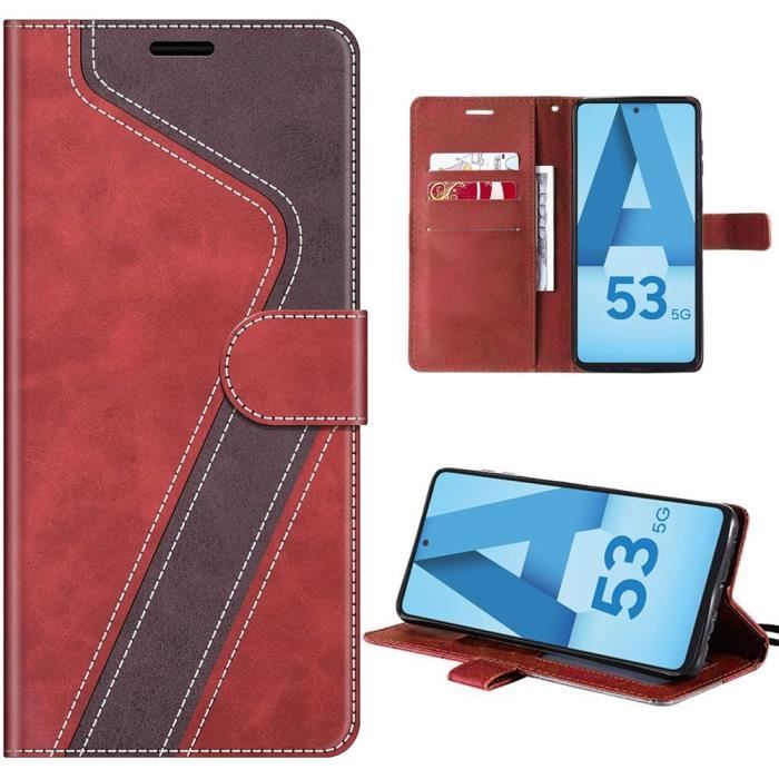 Coque pour samsung galaxy a53 5g, cuir pu epissage bicolore, fonction de porte-cartes et support, motif "v", rouge