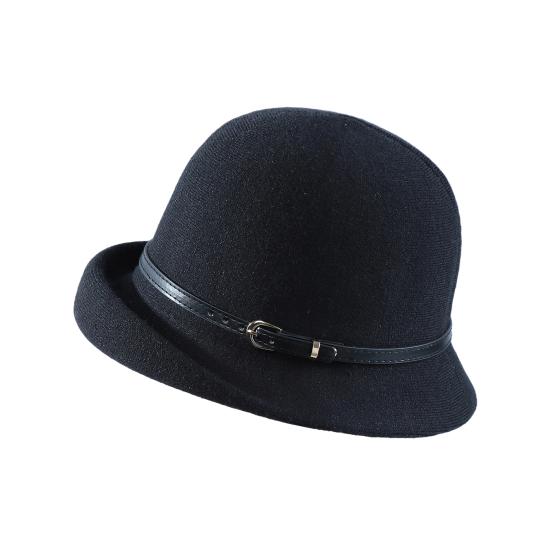 Basin Hat British Style Woolen Casual Hat with Rolled Brim Faux Leather Strap Women Autumn Winter Urban Hat
