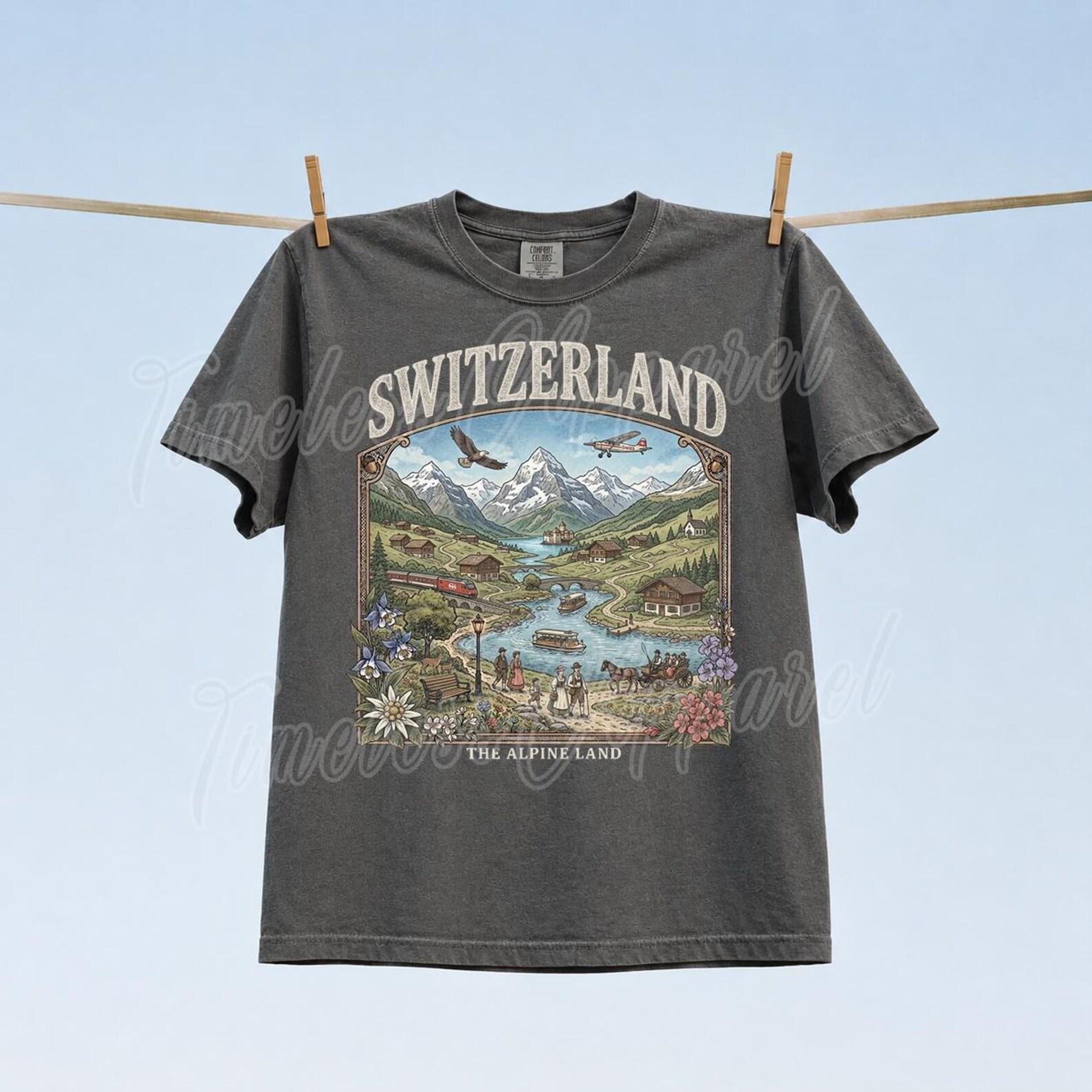 Switzerland Alpine Land Vintage Graphic T-Shirt – Scenic Mountain Landscape Print M