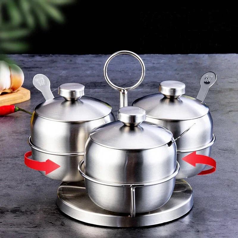 304 Stainless Steel Seasoning Jars Creative 360° Rotating Salt Sugar Bowl Spice Jar with Lid Kitchen Condiment bottle with Spoon