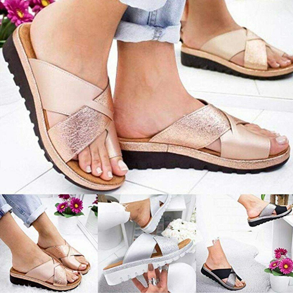Elegant Women Shoes Sandal Comfy Platform Flat Sole Orthopedic Big Toe Foot Pu Leather