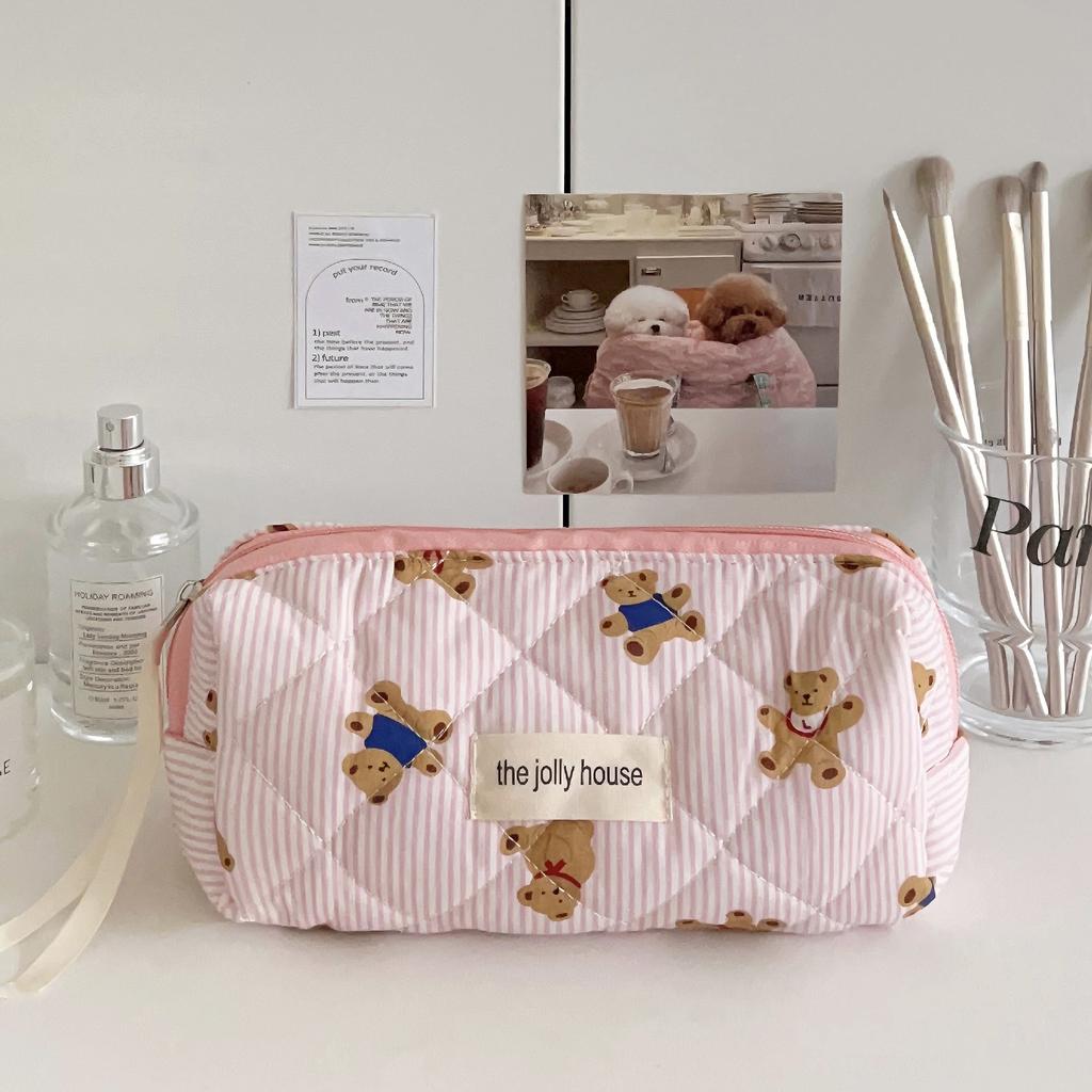 Quilted Bear Bow Makeup Bag Floral Cosmetic Bag 2025 Cute Travel Toiletry Bag Organizer Cotton Makeup Brushes Storage Case