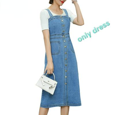 Spring Summer Women Denim Dress Sundress Overalls Dress Vintage Blue Female Jeans Dress