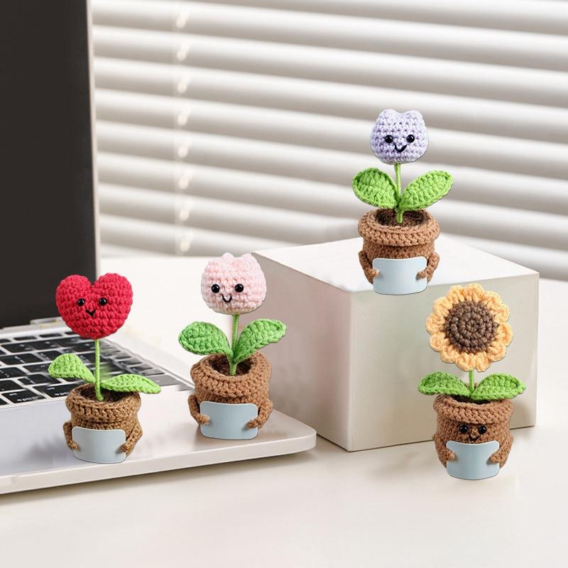 Crochet Flowers Potted Valentine's Day Gift Woven Sunflowers Crochet Ornament with DIY Note Card Desk Ornament Birthday Gift