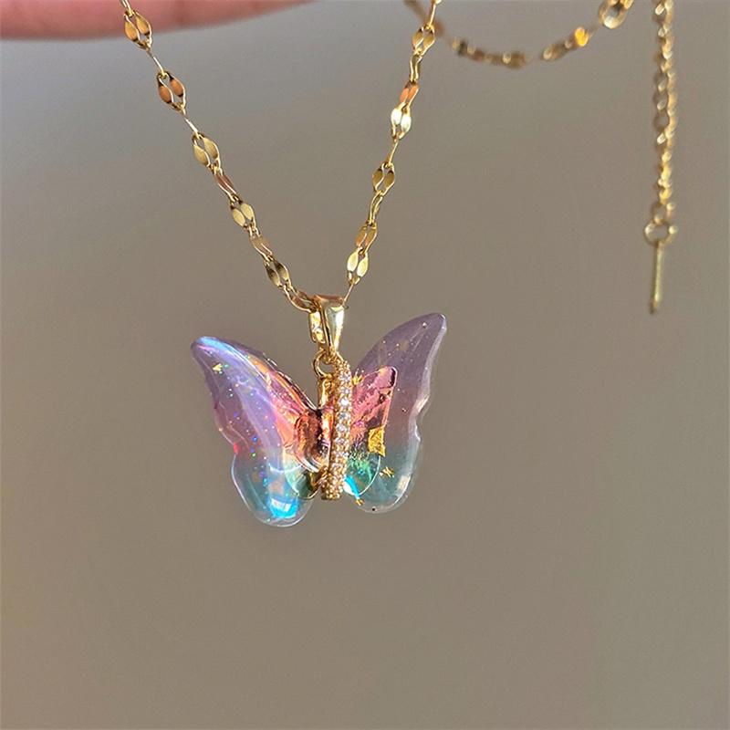 Trendige Titanstahl Schloss Halsband Kette mit buntem Schmetterling Anhänger