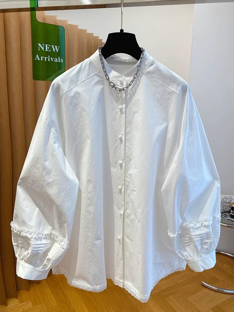 Pearl Buckle White Shirt Women's Long Sleeves 1116 Spring and Autumn New High-end Loose Cotton Lantern Sleeves Shirt Top