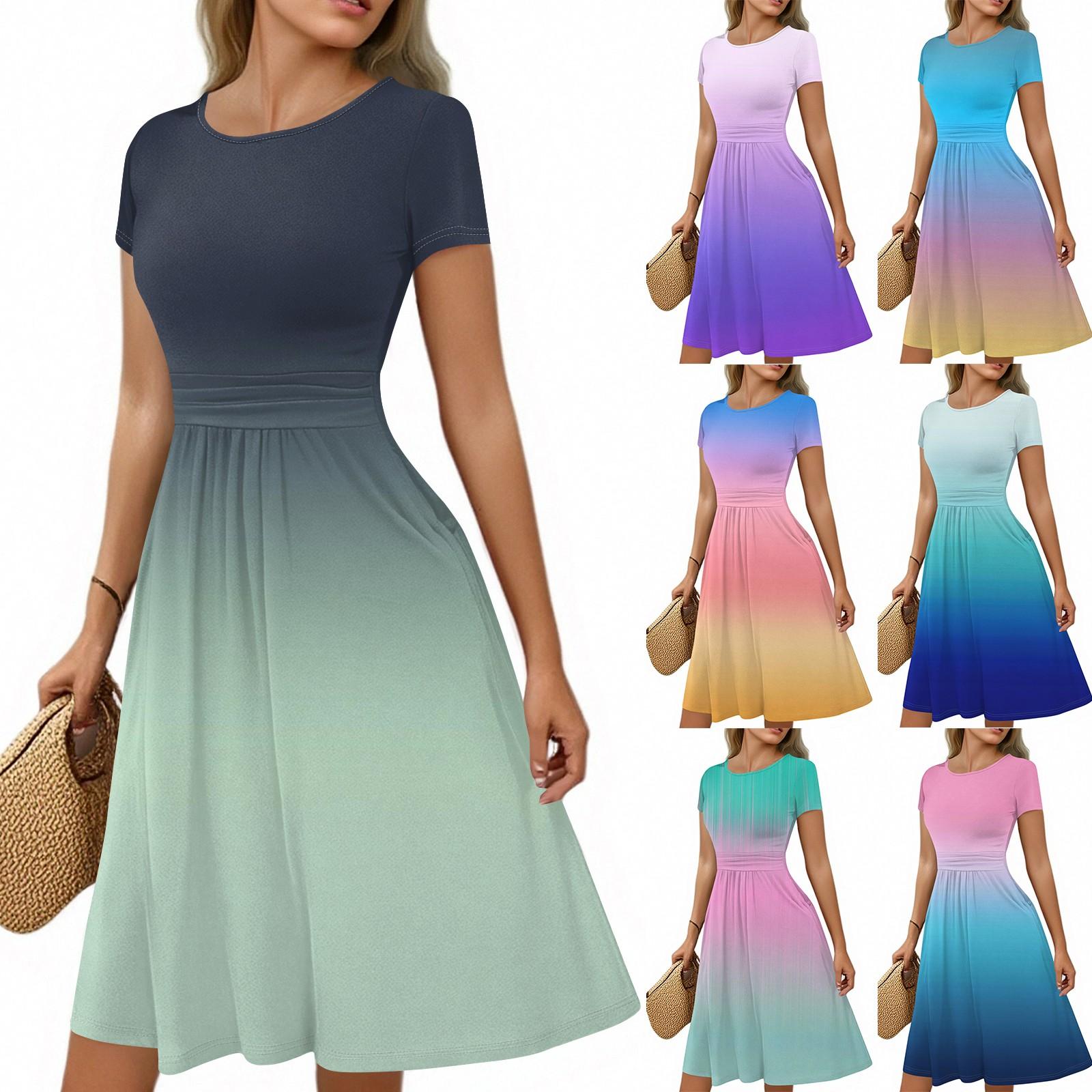 

Women s casual fashion round neck pleated short sleeve gradient A-line skirt mid-length dress XL ціан