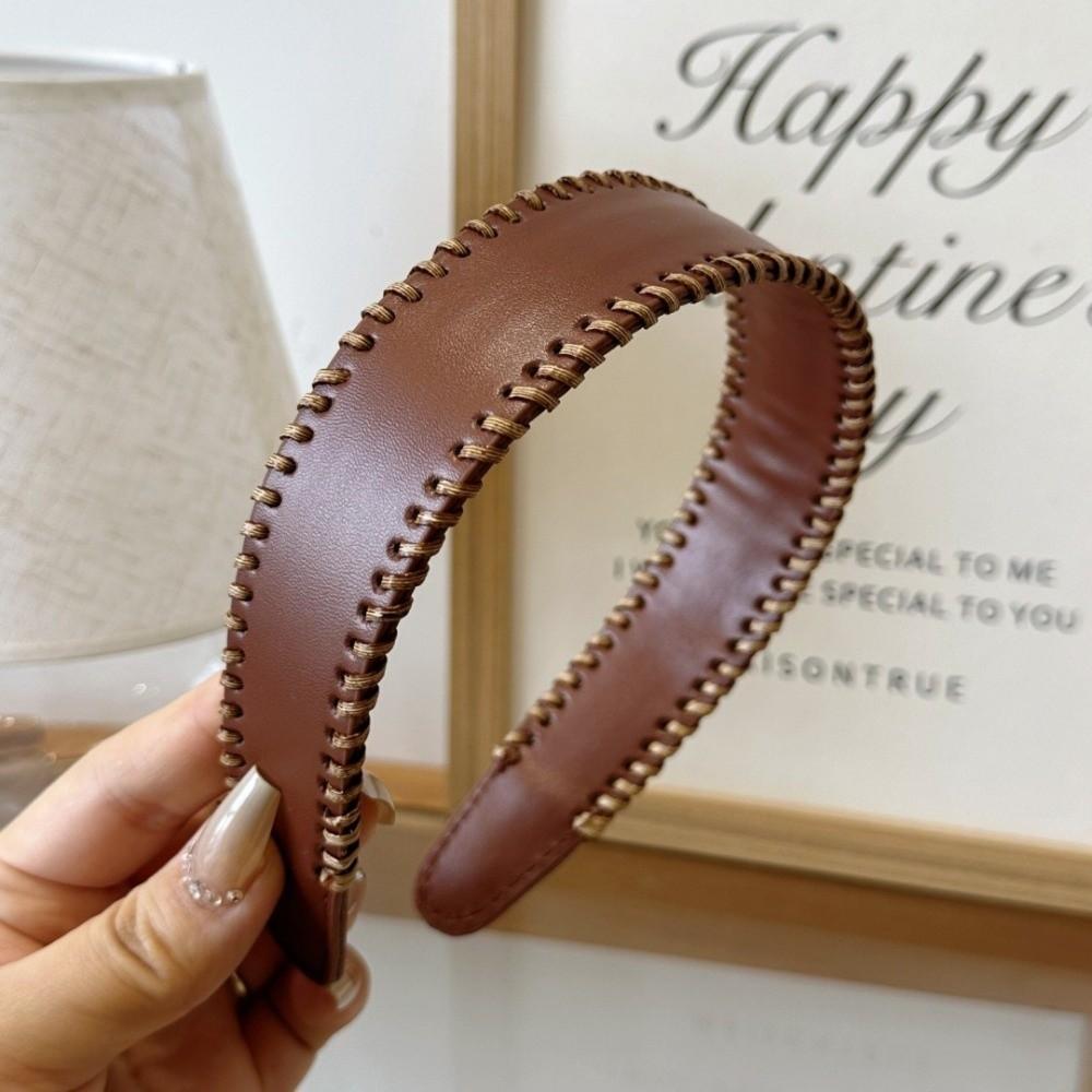 Non-Slip Leather Headband Solid Color Wide Edge Hairband Vintage Women Hair Hoop Lady
