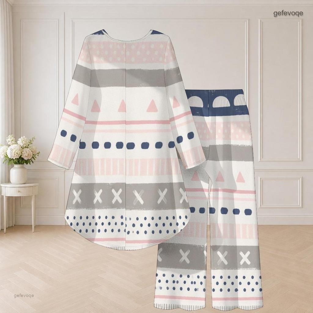 Women Plus Size Round Neck Long Sleeve Printed High Low Top Wide Leg Pants Two Piece Set