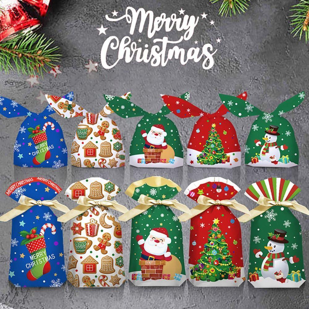 50PCS Rabbit Ear Xmas Candy Bags Merry Christmas Santa Claus Biscuit Bags Snowmen Snowflakes Candy Treat Bag Christmas
