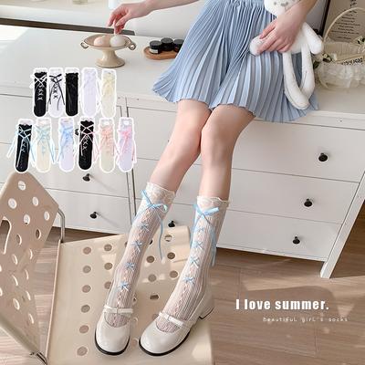 Frühlings- und Sommer-Dünne Stulpen-Socken für Damen, Lolita-Schleife, Perforierte Netzsocken für Ballett, Oberschenkelhohe Socken