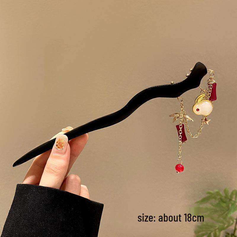 High-End Chinese Wooden Hairpin with Tassels – Ancient Style Ebony Faux for Women