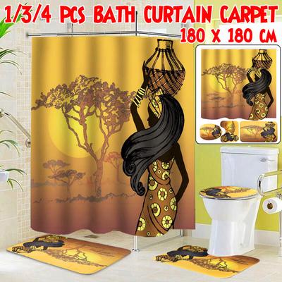 4PCS Exotic African Girl Bathroom Shower Curtain Toilet Non-Slip Cover Mat Set