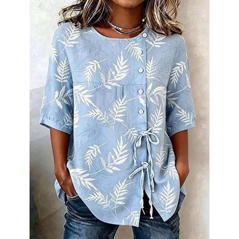 Women's Spring Summer Boho Floral Print Tie Front Top, Casual Buttoned Drawstring Printed Blouse