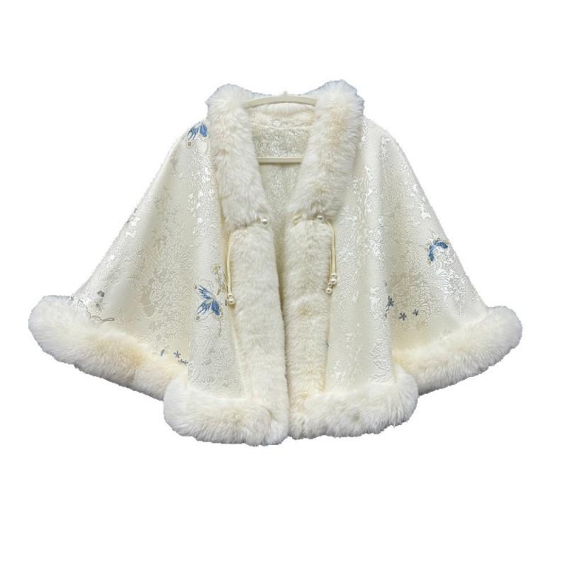 Winter Solid Color Knit Cape Shawl With Fur Trim Warm Cheongsam Outerwear Women