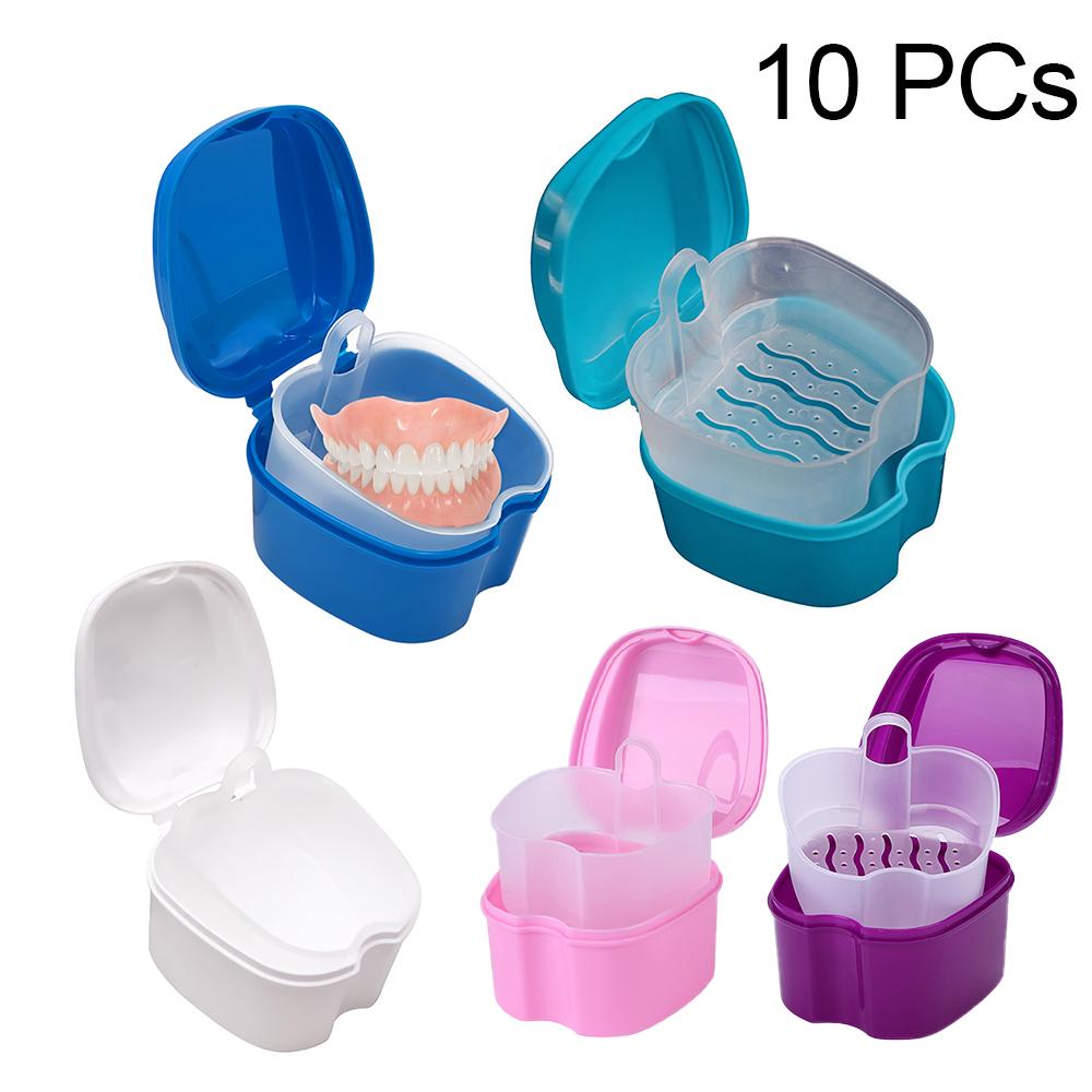 10Pcs Denture Box With Net Leakage Dental False Teeth Storage Box With Hanging Net Container Cleaning Tooth Boxes