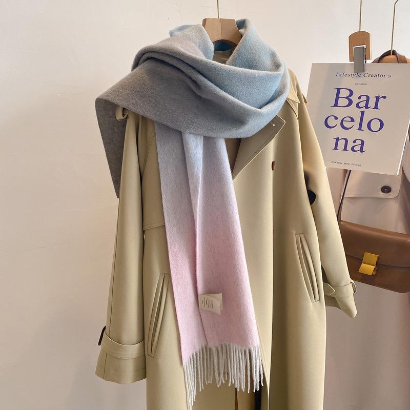 New Double-sided Gradual Change Scarf Women's Fashion Winter Pure Wool Fringed Long Warm Scarf