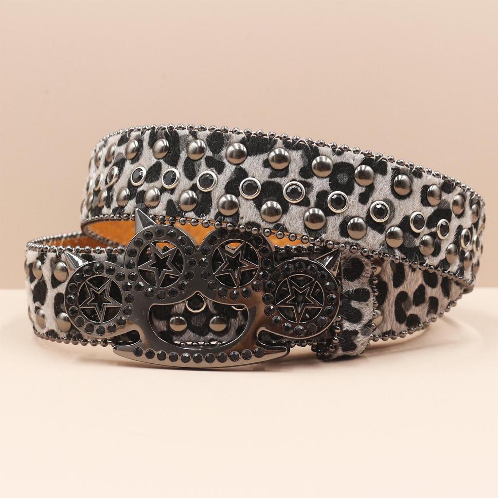 Leopard Print Rhinestone Knuckle Duster Punk Belt - Y2K European & American Style Women's Decorative Accessory