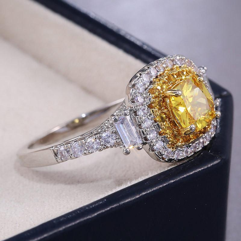 Dazzling Yellow Zircon Stone Wedding Party Ring Micro Paved   CopperProposal Engagement Ring Jewelry Gifts