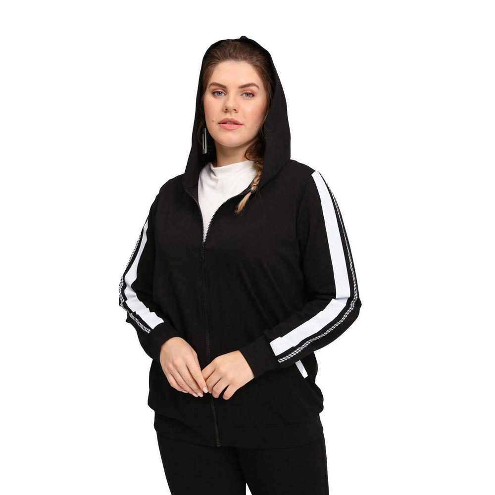 Fierte Women's Large Size Jacket Lm45011 Zipper Closure Seasonal Hood Stripe Detail Double Pocket Long Sleeve Sports Tracksuit Top Anthracite Black