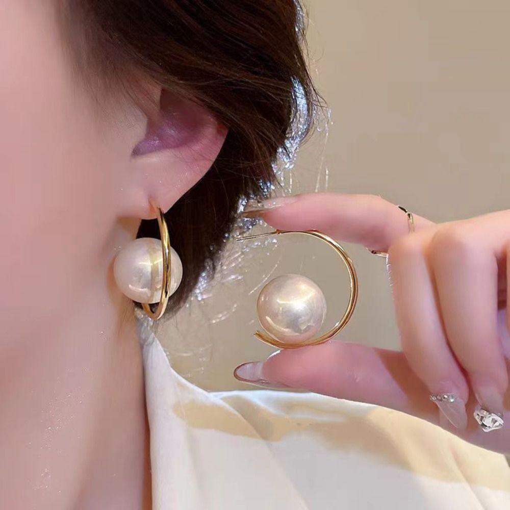 Fashion Imitation Pearl+Iron Imitation Pearl Earrings Exaggerated Geometric Charms Dangler Drop Earrings Gifts