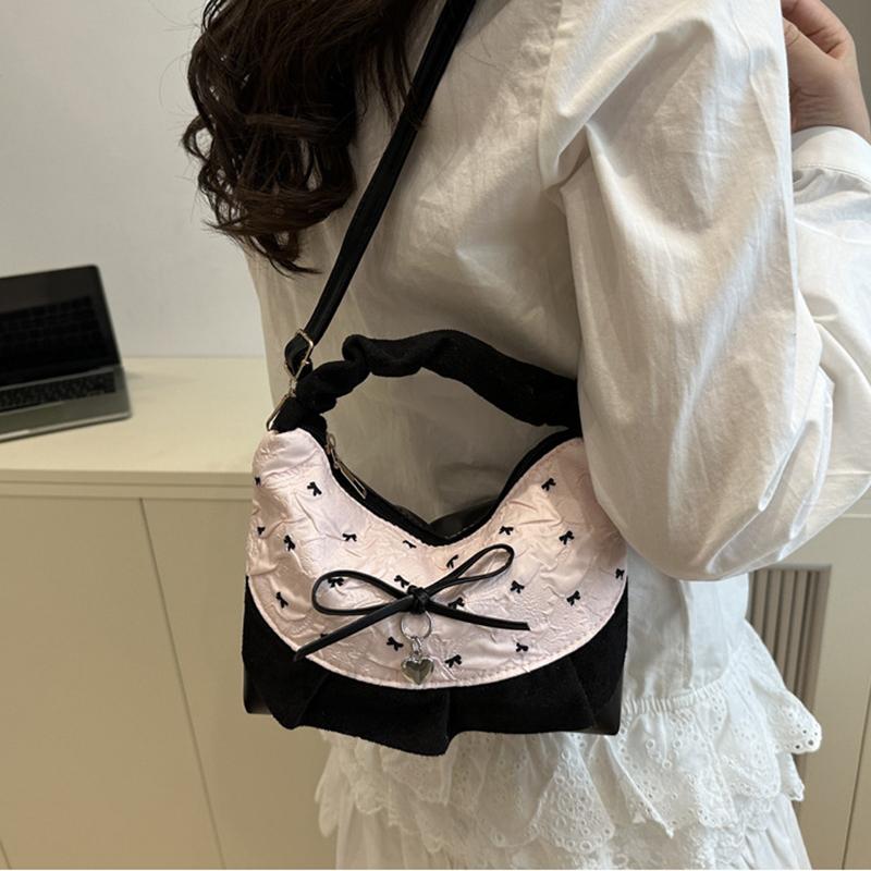 New Lace Plaid Patchwork Handbag French Bow Underarm Bag Small Versatile Cute Sweet Canvas Shoulder Bag Fashion Crossbody Bag