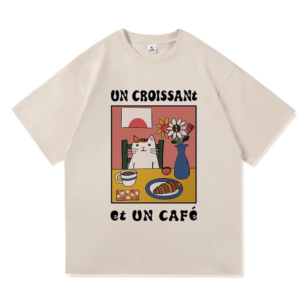 Vintage French Cafe Cat T Shirt Fashion Men/Women Funny Letter Un Croissant Et Un Cafe T-Shirt High Quality Cotton Tees Shirts