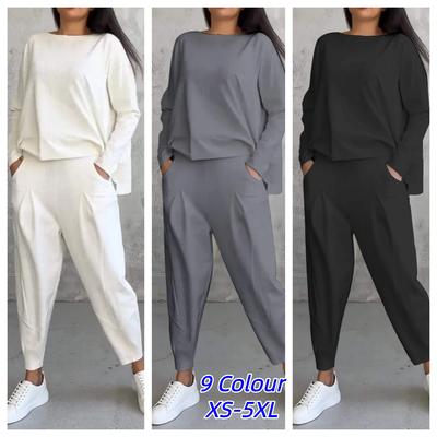 Completo Pantaloni da Donna Scollo O Manica Lunga T-shirt Larga Pantaloni Monocolore Tasca Semplice Set 2 Pezzi Abbigliamento da Casa
