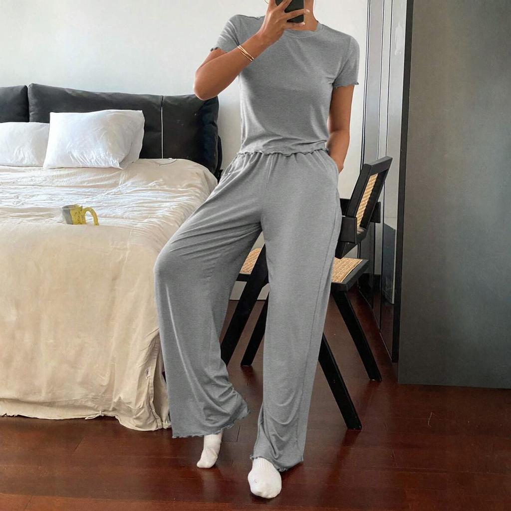 Women's Fall Two Piece  Outfits Long Sleeve Tops Tee Shirts Wide Leg Pants Sets