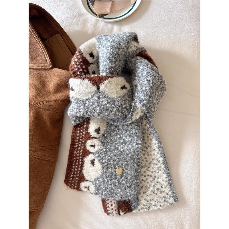 Cute Lamb Jacquard Knitted Scarf for Female Autumn and Winter Fashion Simplicity Students Knitted Warm and Cold Resistant Scarf