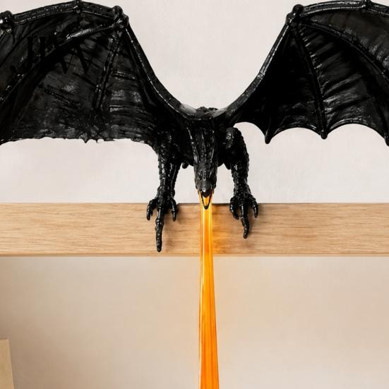 Mythical Creature Statue Dragon Bookshelf Nook Light with LED Flame Effect, Fantasy Shelf Decor, Wooden Clamp Flying Display Ornament for Study