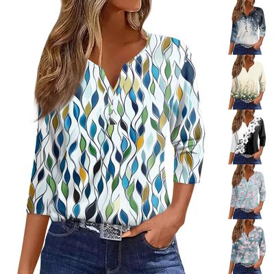 Tricou de damă cu buton imprimat mânecă 3/4 Zilnic la modă de weekend, de bază, cu decolteu în V, obișnuit