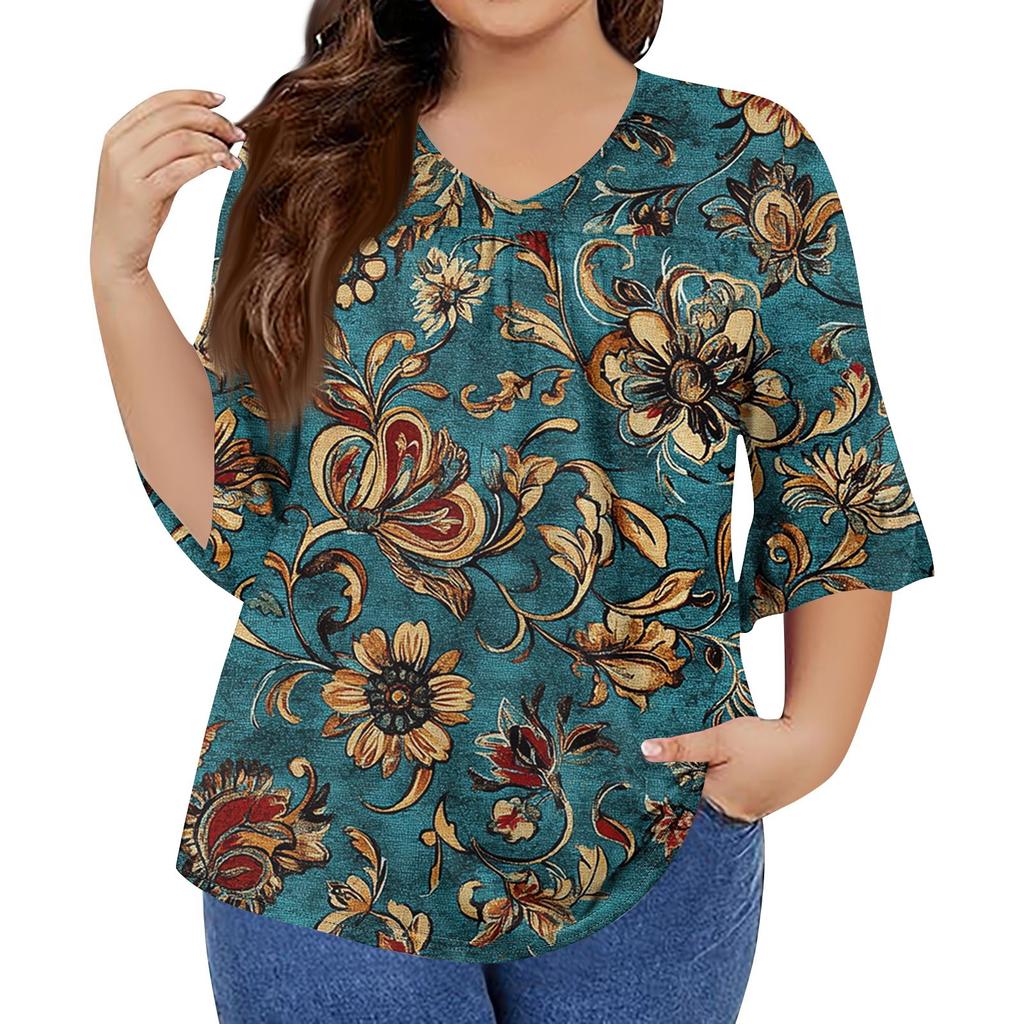 Women's Fashion Casual Retro Printed V-Neck Seven-Point Sleeve Ruffle Sleeve T-Shirt Tops Plus Size Women's