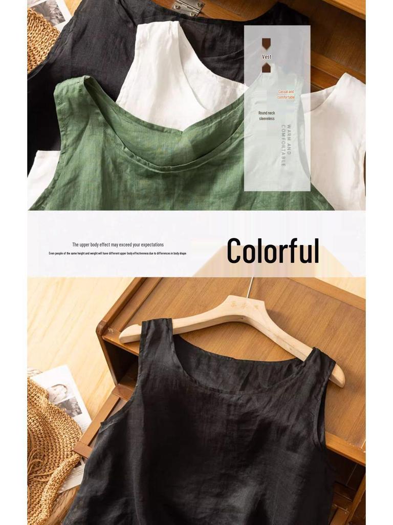 Dámská bavlněná lněná tílko nadměrné velikosti - Volný střih Retro minimalistický design