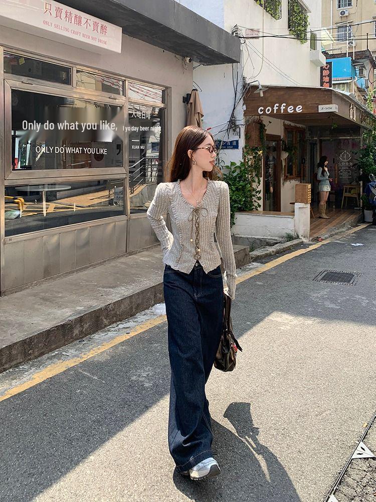 Women's Retro Tie-Up Design Long-Sleeve Textured Cropped T-Shirt for Autumn/Winter