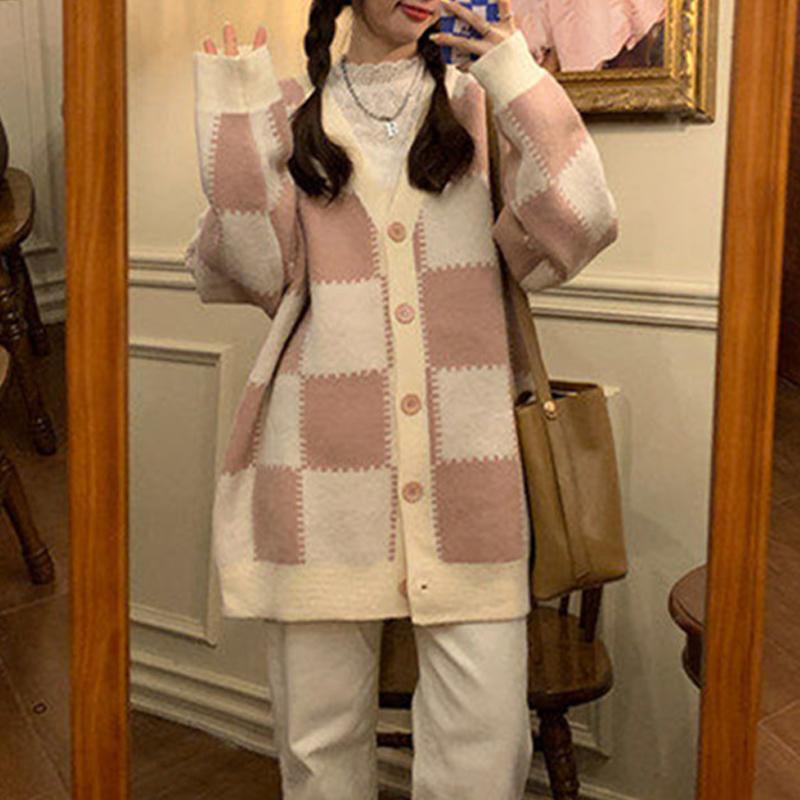 Fashion V-neck Plaid Women Cardigan Sweaters Loose Korean Fashion Checkerboard Casual Jackets Autumn Long Sleeved Elegant Knitted Sweaters Coats