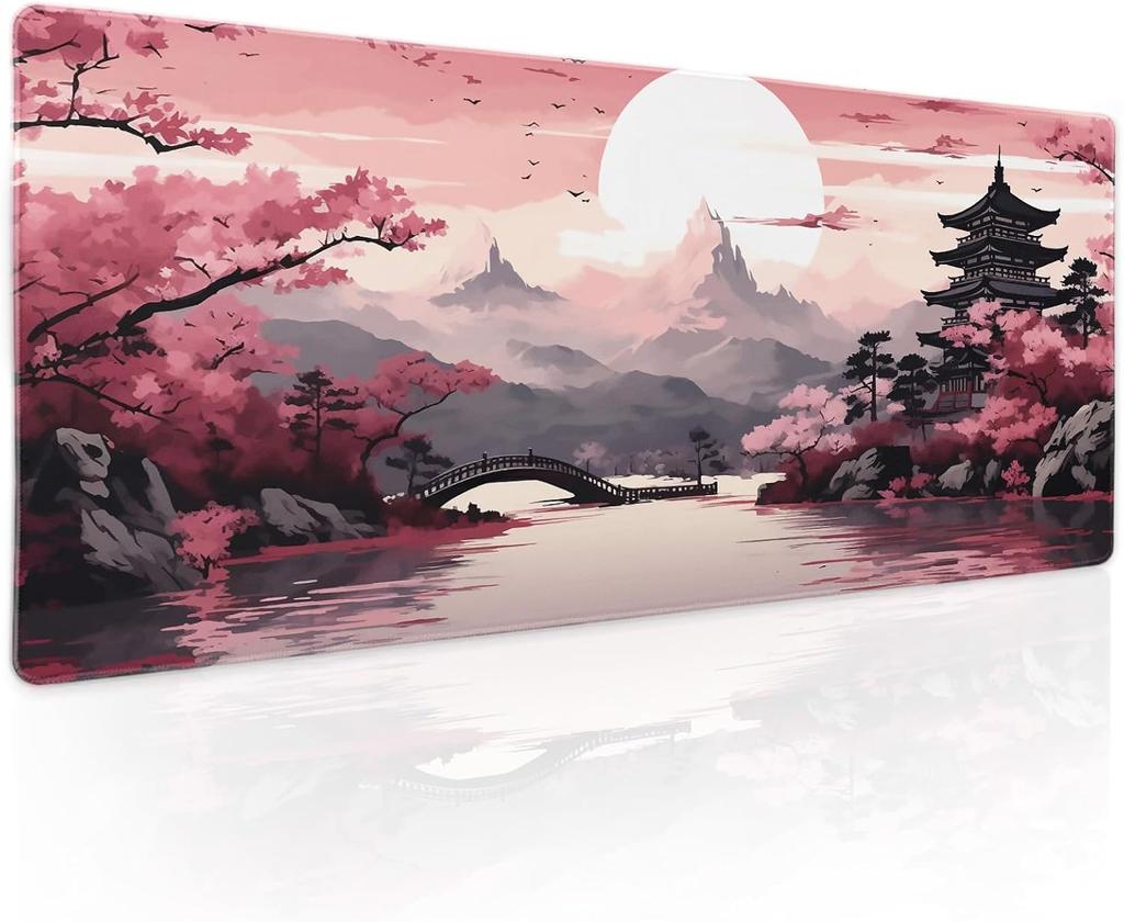 Lyserød Sakura Bjergudsigt overdimensioneret e-sports musemåtte låsende kant skridsikker gummisål skrivebordsmåtte 300 * 800 * 2mm