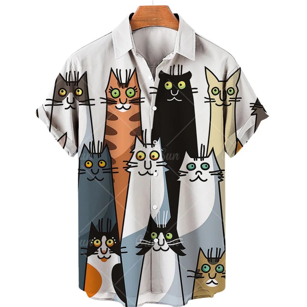 Cute Cat Pattern Print Men Short Sleeve Shirt Summer Men Fashion Loose Shirt Tops