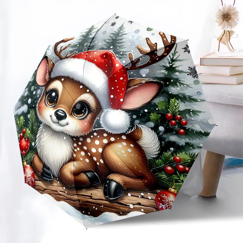 

1pc Christmas Deer Santa Hat Auto-Folding Umbrella, Portable 3-Fold Design with Snowflake Pattern, Perfect for Fans, Travelers, Daily Use, Festive Gif