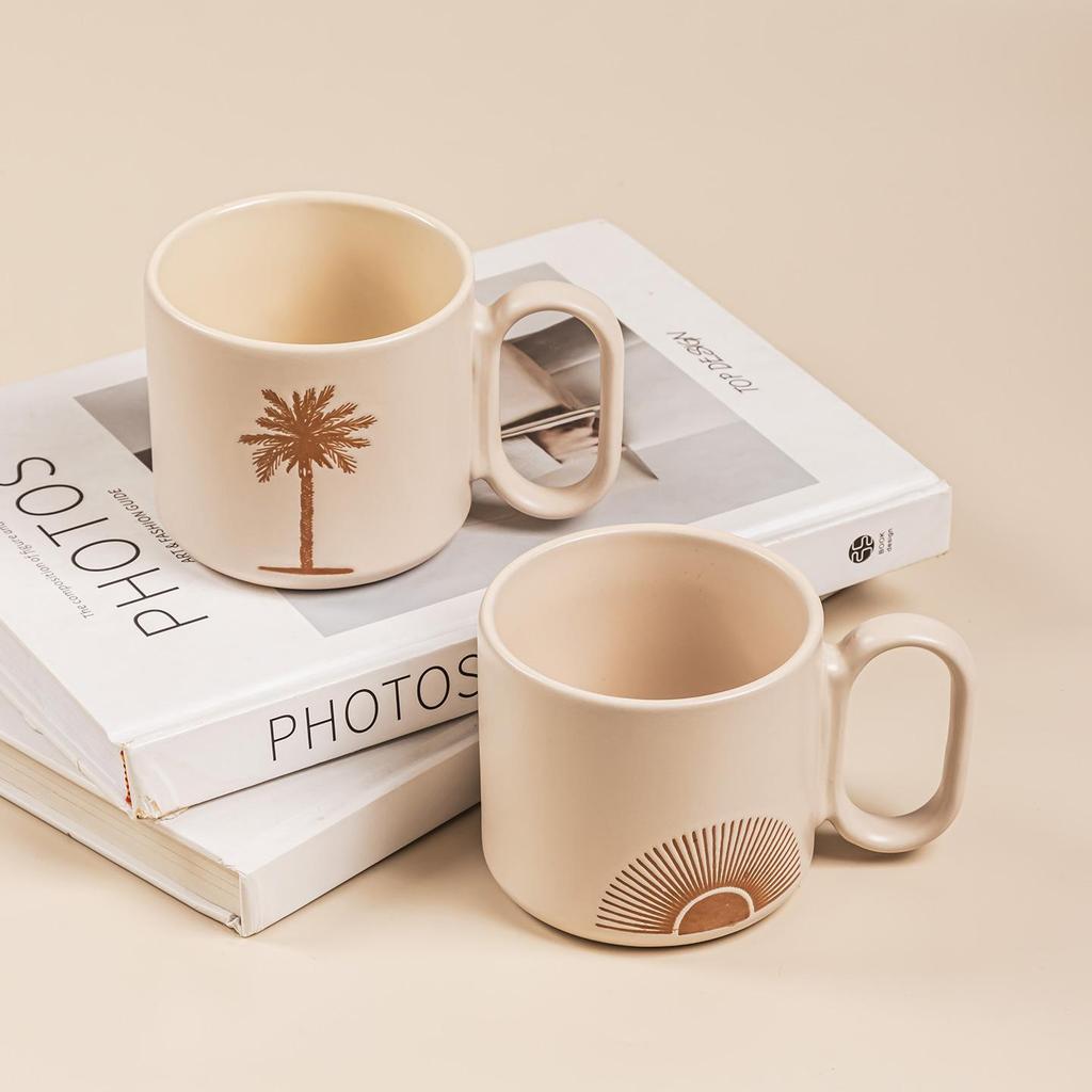 390ml Boho Ceramiczny Kubek Wzór Palma/Wschód Słońca Bezpieczny w Kuchence Mikrofalowej