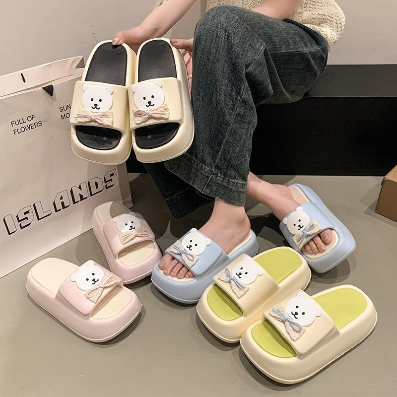 Fashion Milk Cute Bear Thick-bottomed Cool Slippers Women's Summer Small Muffin One-word Drag Outside Wearing Cartoon V Slippers