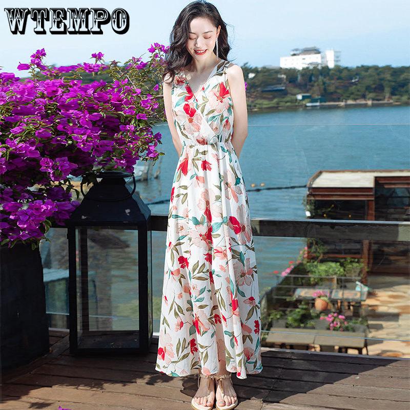 WTEMPO Women's Summer Halter Dress Beach Vacation Loose Print Beach Dress Floral Dress Bohemian Dress