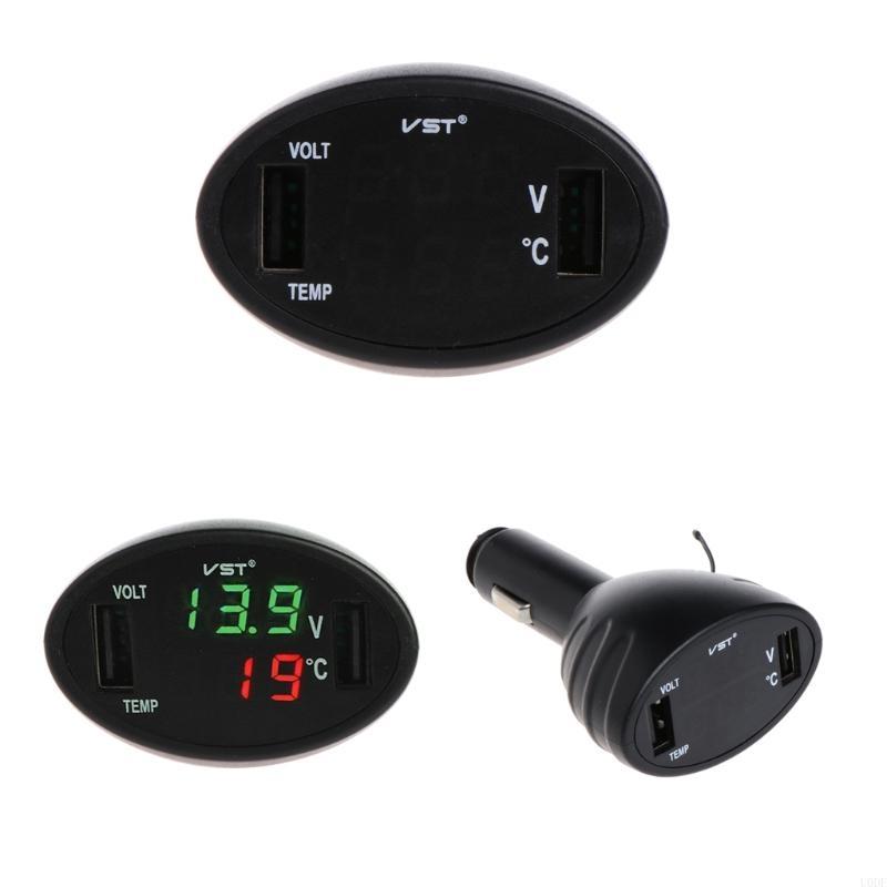 Car Thermometer Voltmeter Temperature USB 12-24V 3 in 1 Voltmeter Temperature Gauge LED Digital Display Black