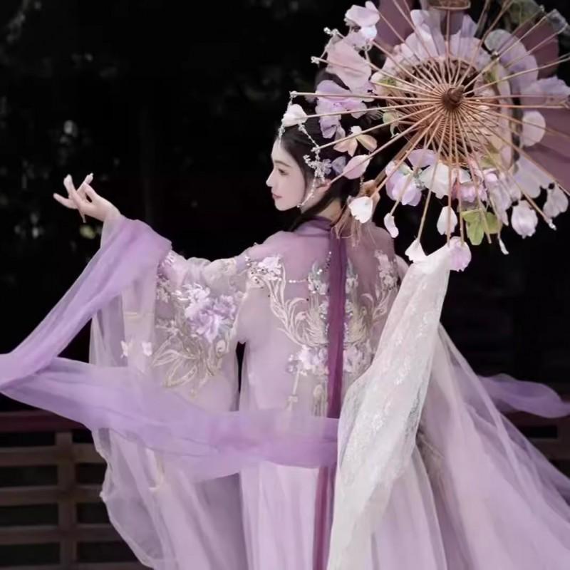 Womens Tang Dynasty Inspired Embroidered Hanfu Set With Wide Sleeves Peony Print Chest-Tie Skirt Scarf