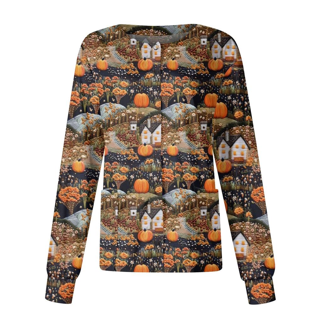 Women Long Sleeve Pattern Pocket Working Stand-up Collar Single-breasted Protective Overalls Cardigan Jacket Top