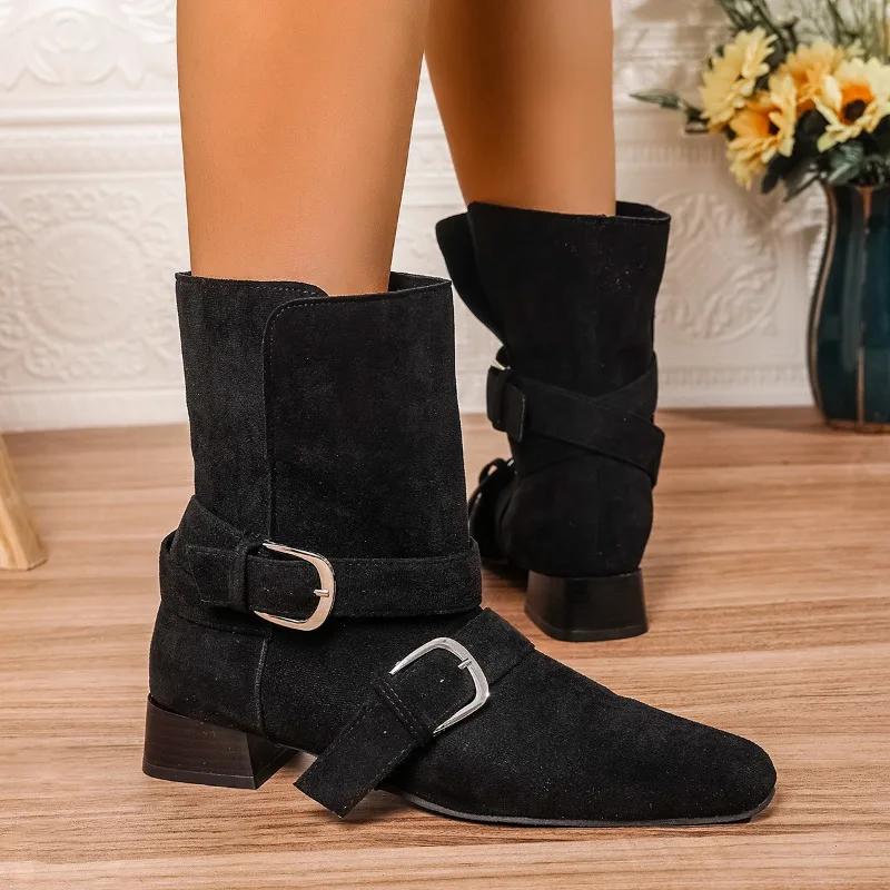 Cow Suede Square Heel Low Heel Modern Boots Slip-on Solid Women's Bags on Sale 2025 Fashion Buckle Novelty Women's Boots