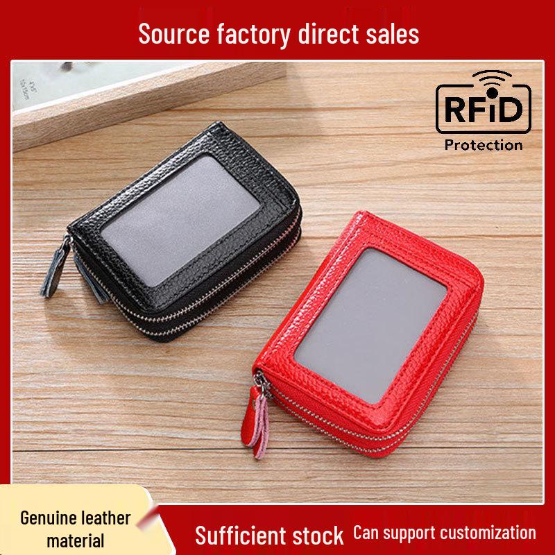 RFID Cowhide Leather Card Holder & Coin Purse with Double Zipper